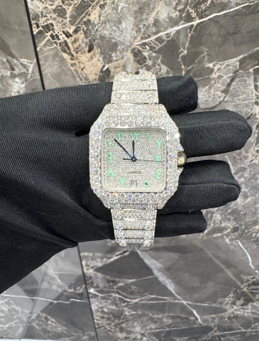 Santos VVS1 Moissanite Arabic Dial 41mm Two-Tone 'White' Green Dial