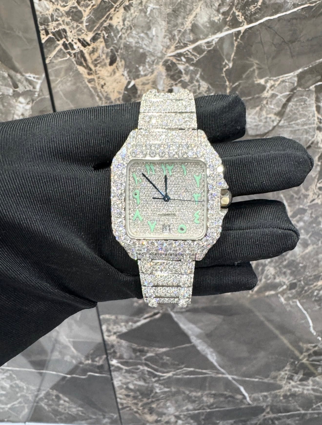 Santos VVS1 Moissanite Arabic Dial 41mm Two-Tone 'White' Green Dial