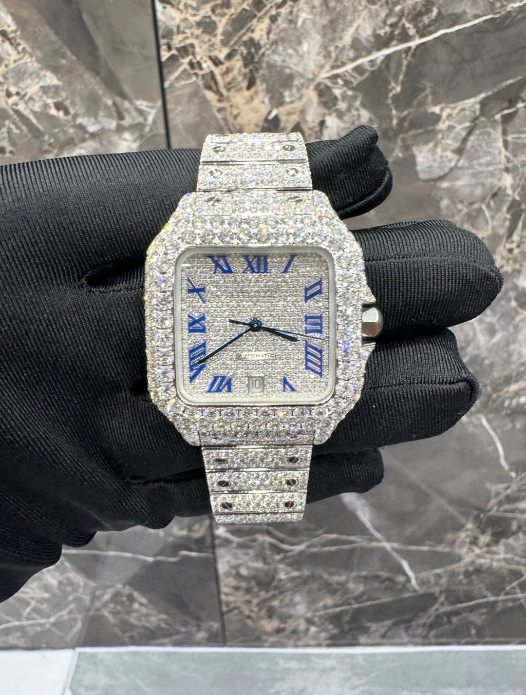 Santos VVS1 Moissanite 41mm Two-Tone 'White' Blue Dial